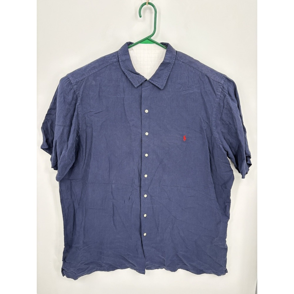 Polo Ralph Lauren VTG Men's Navy Blue Linen Silk Loop Collar Button Shirt, 2XLT